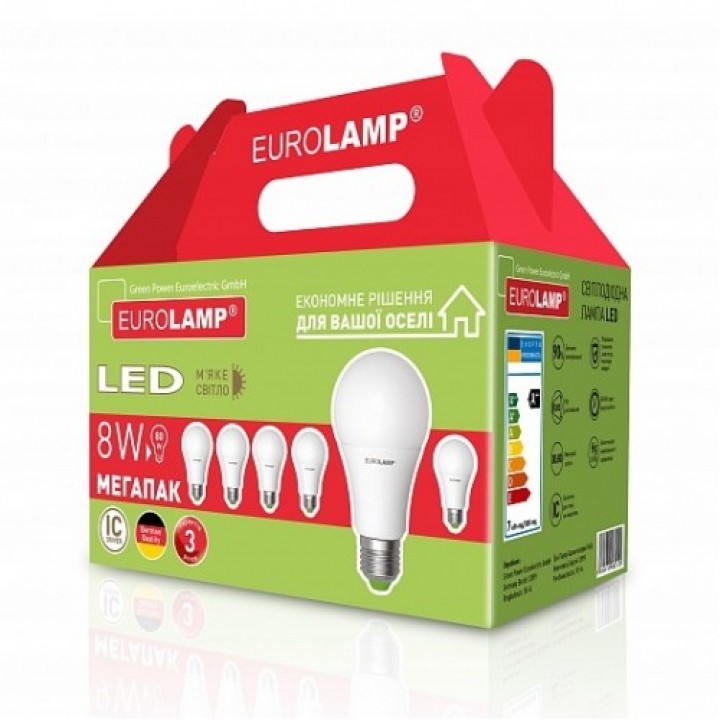 Промо-набор EUROLAMP LED Лампа ЕКО A60 8W E27 3000K  акция "6в1"